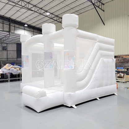 Inflatable Round Flat Top White Bounce Combo With Slide And Balloon Fly